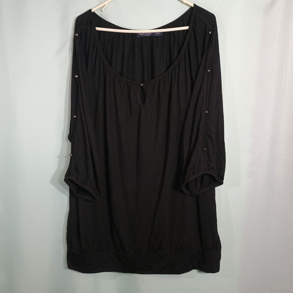 Women’s Black Studded Tunic Top – 3/4 Sleeve Scoop Neck Embellished Blouse